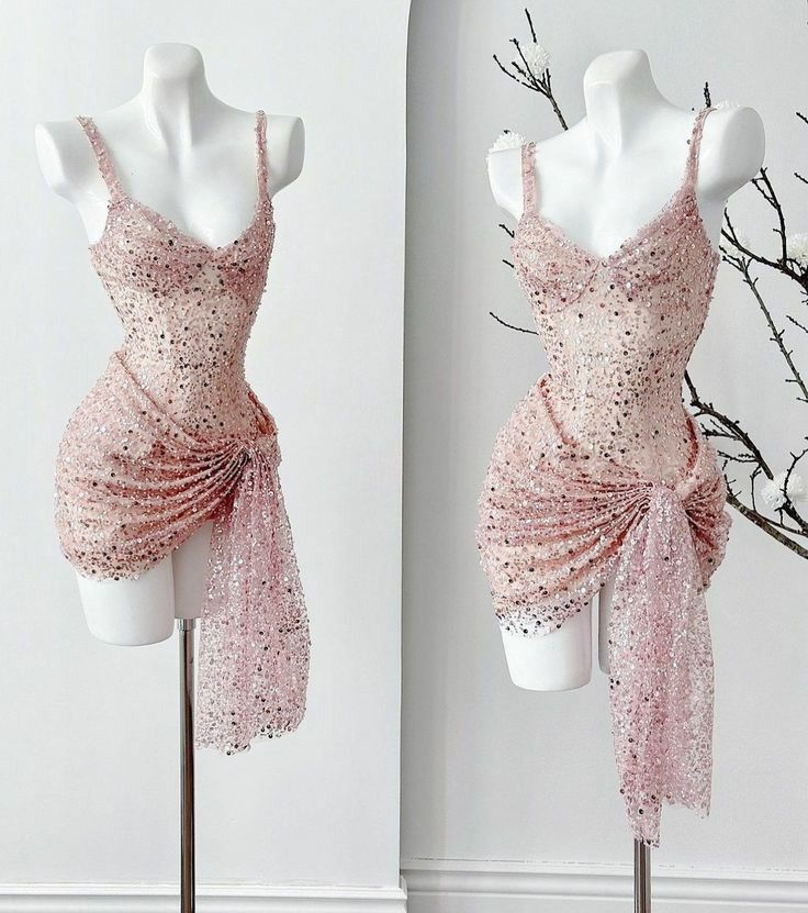 Robe de soirée rose à paillettes et bretelles, robe d'anniversaire J7240
