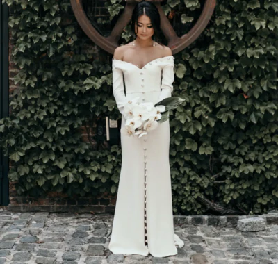 Robe de mariée sirène élégante blanc cassé, longue, J8106