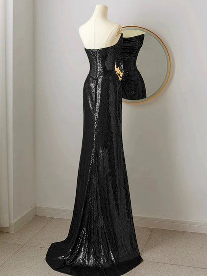 Robe de soirée noire bustier à sequins J7099