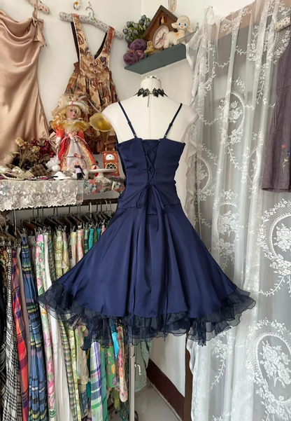 A Line Navy Blue Birthday Outfit Vintage Short Party Dress Homecoming Dress J7012