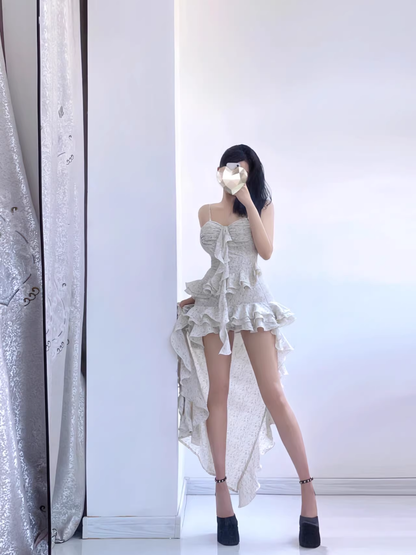 Ruffled Spaghetti Strap Dress Summer Irregular Midi Dress L32