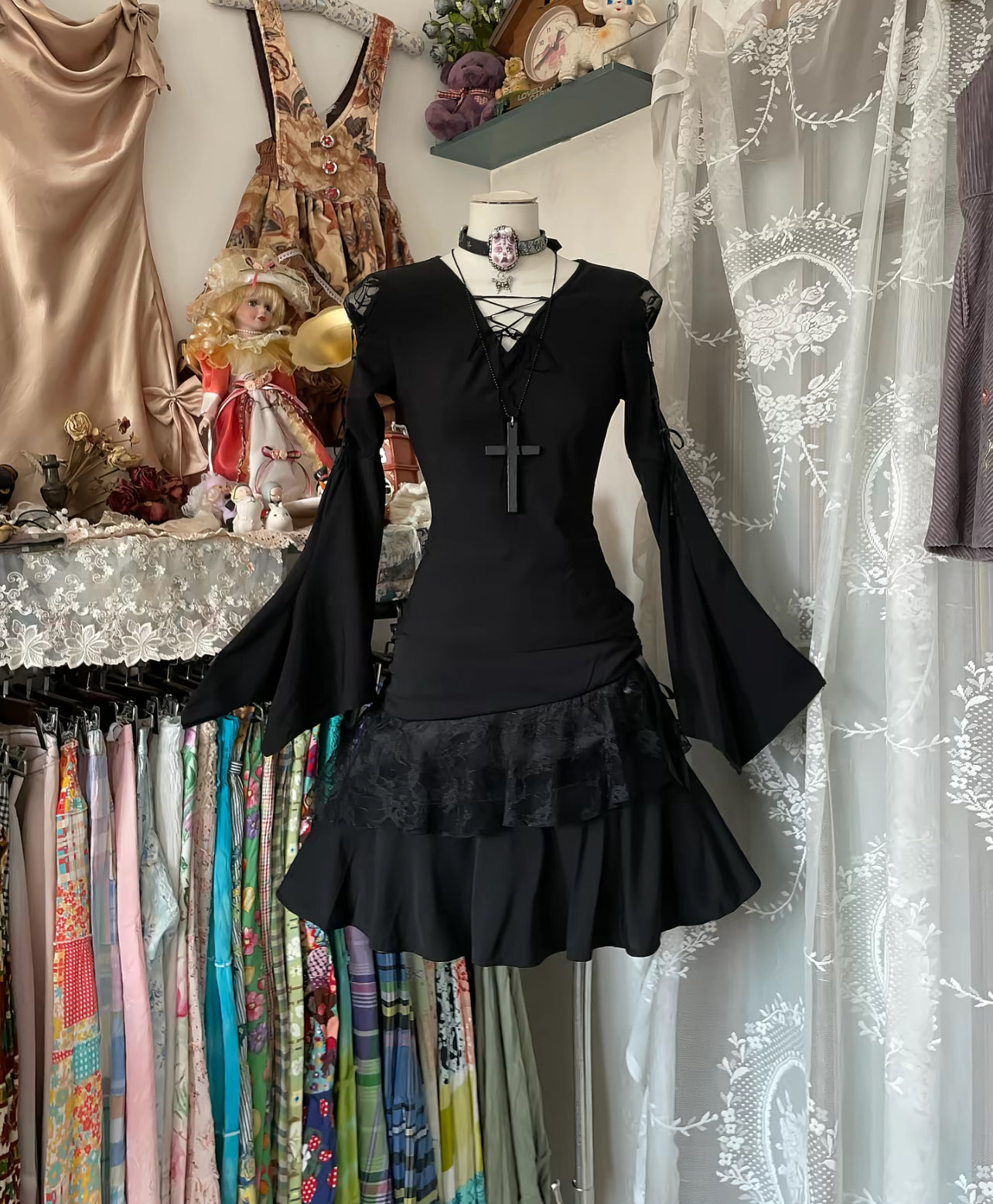 A Line Black Short Dress Long Sleeves Party Gown J8496