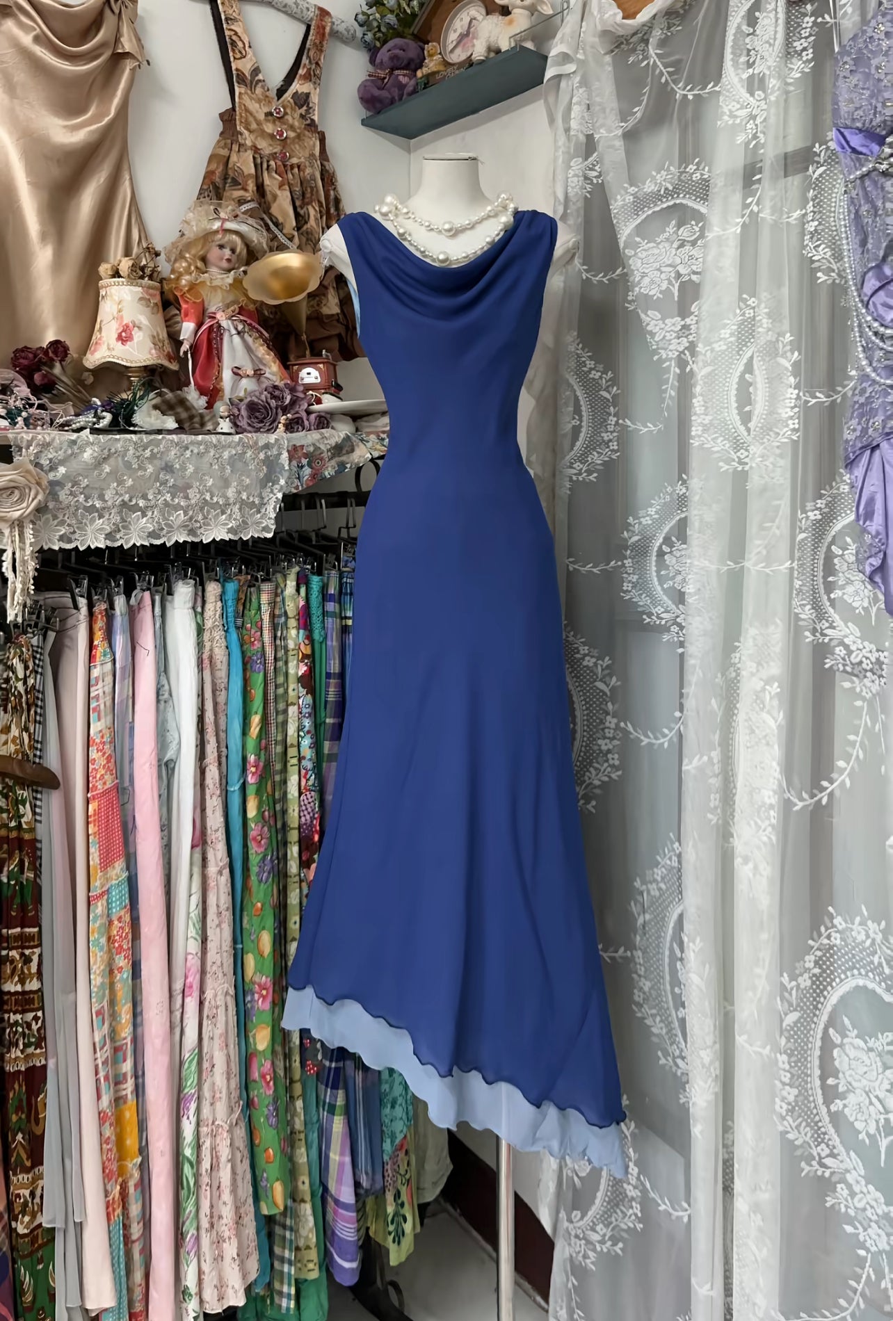 Blue Mermaid Long Prom Dress Chiffon Vintage Party Dress J8528