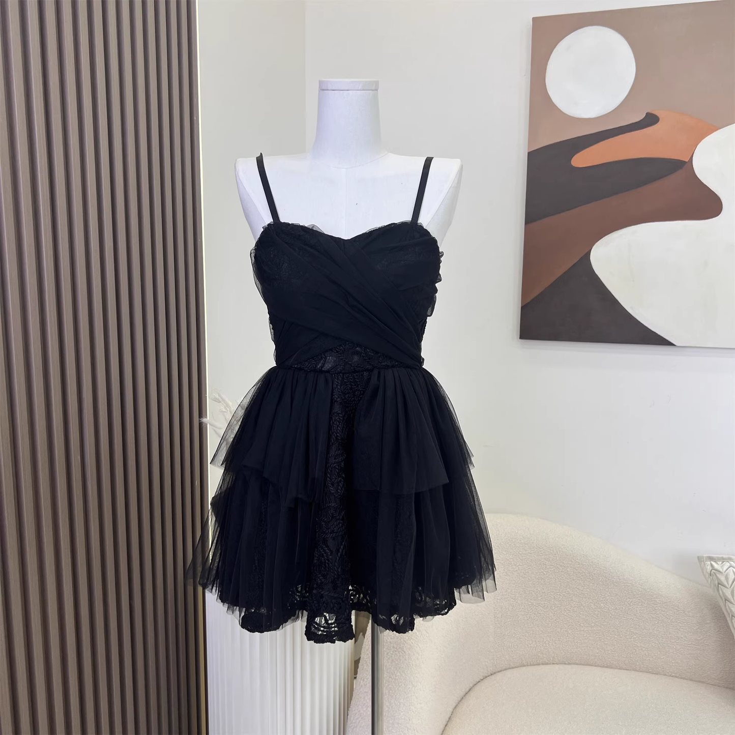 Spaghetti Straps Black Mesh Dress Puffy Party Dress L33