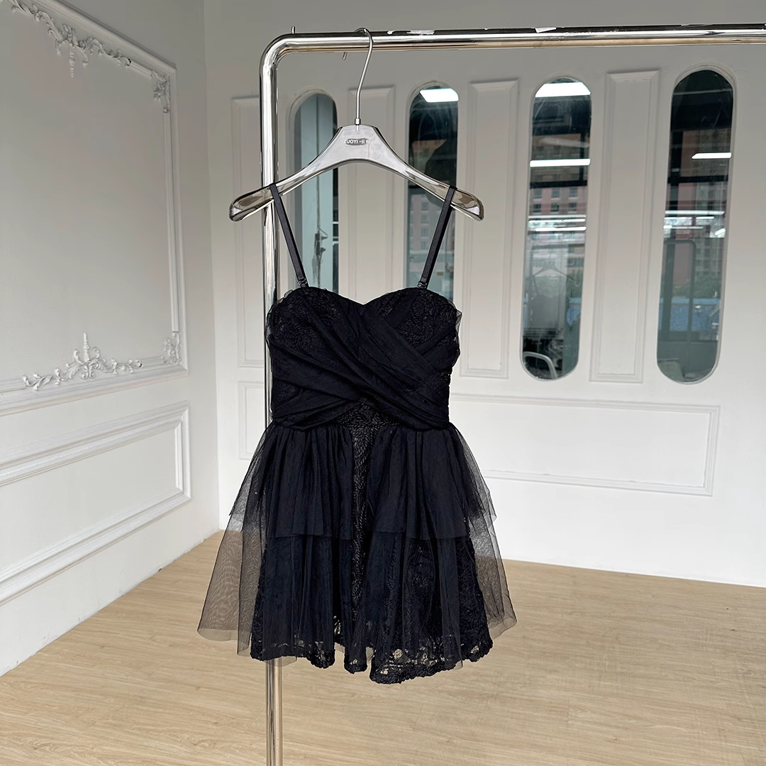 Spaghetti Straps Black Mesh Dress Puffy Party Dress L33