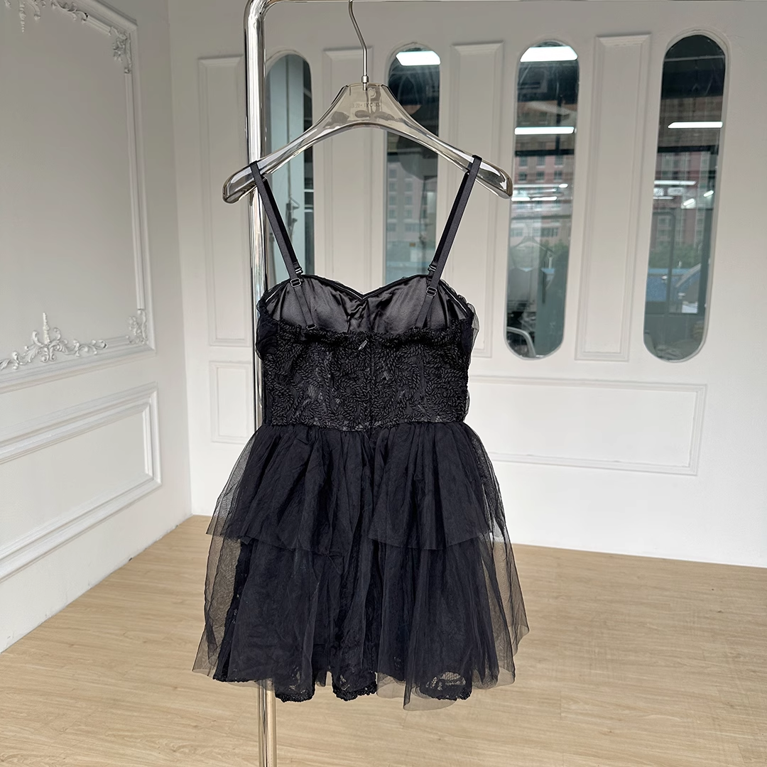 Spaghetti Straps Black Mesh Dress Puffy Party Dress L33