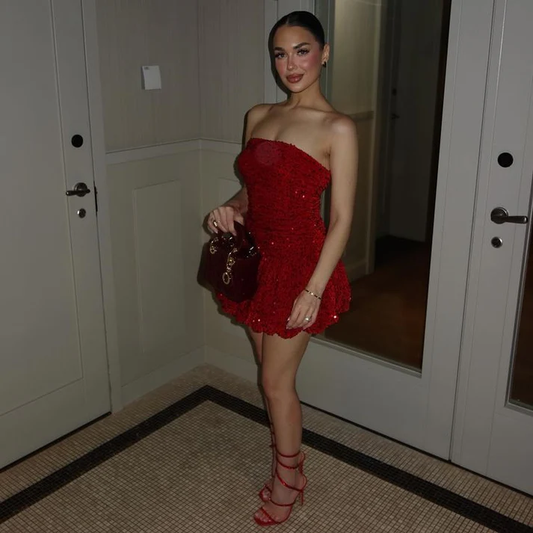 Robe de soirée courte à paillettes rouges, coupe trapèze, tenue de bal, d'anniversaire, J7008