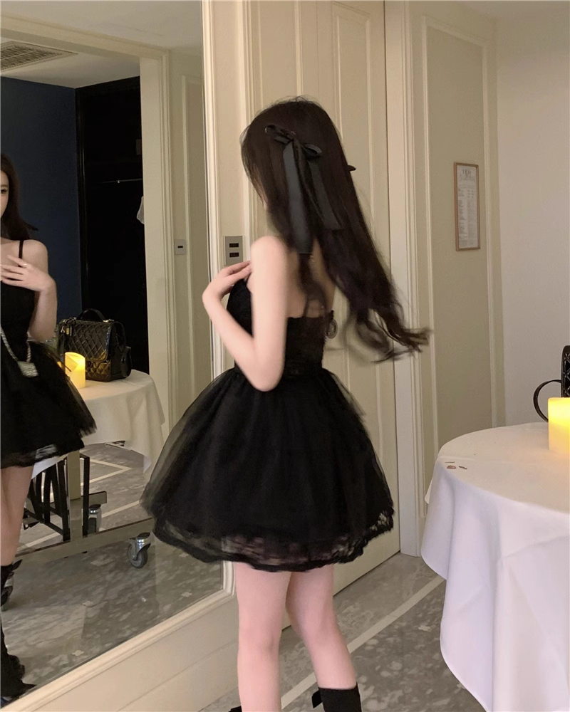 Spaghetti Straps Black Mesh Dress Puffy Party Dress L33