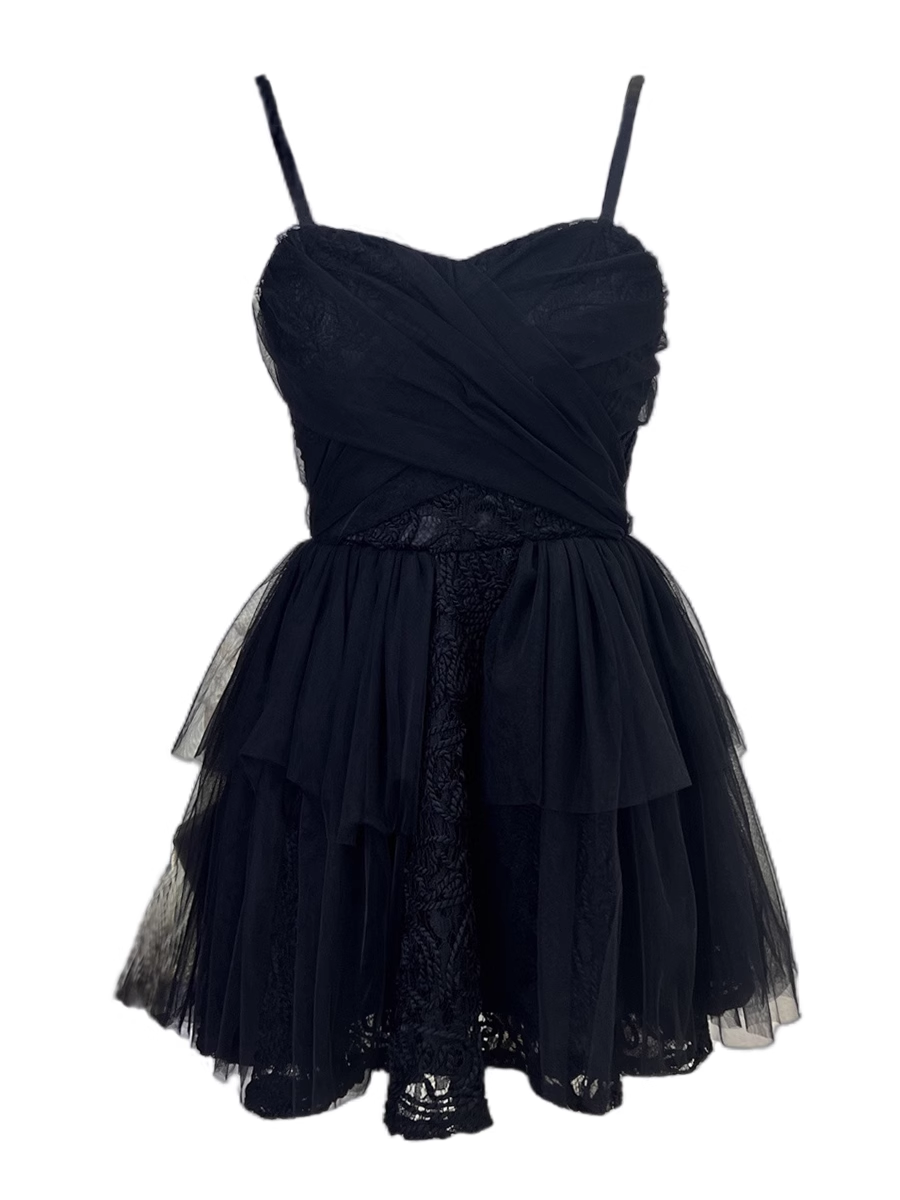 Spaghetti Straps Black Mesh Dress Puffy Party Dress L33