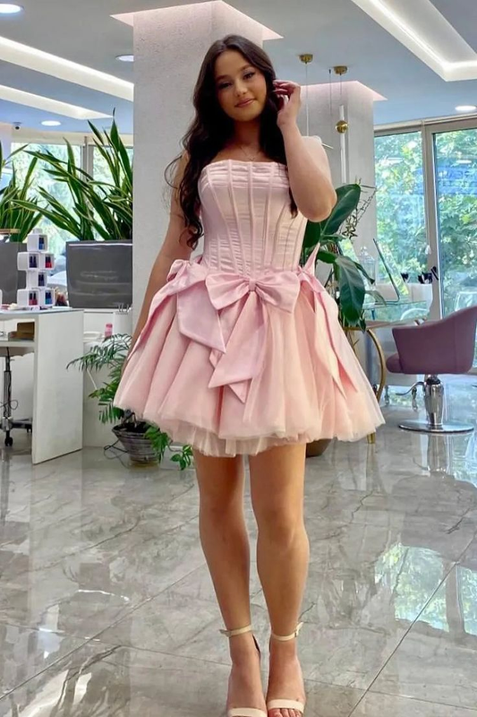 Pink Strapless A-Line Short Corset Homecoming Dress with Bow J7209
