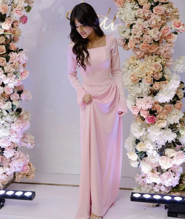 Pink Square Neck Long Sleeves Evening Dress Modest Party Dress J8737