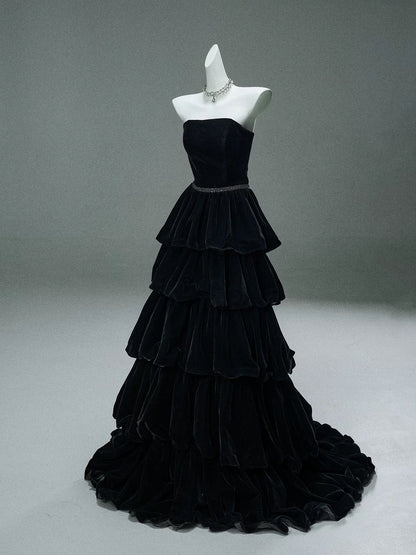 Strapless Black Tiered A Line Long Prom Dresses Velvet Birthday Dress J8435