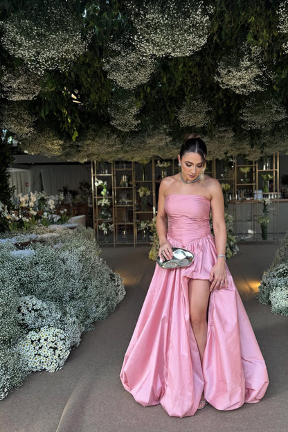 Strapless Pink A Line Prom Dress Satin Wedding Guest Dress J7651