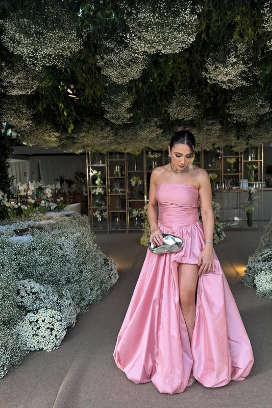 Strapless Pink A Line Prom Dress Satin Wedding Guest Dress J7651