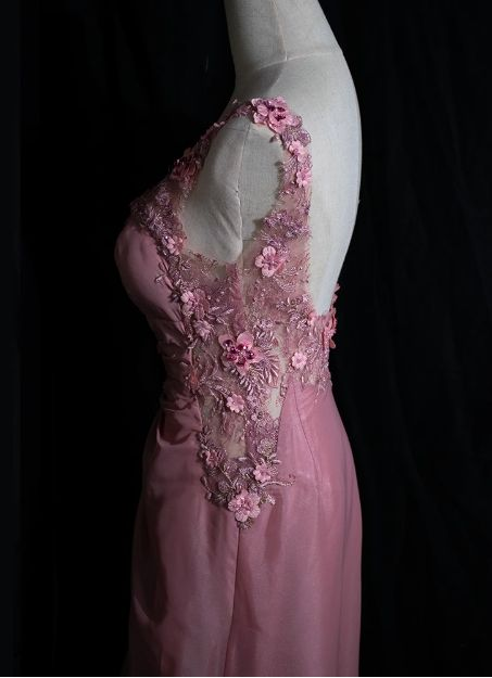Robe de soirée longue rose dos nu à fleurs 3D, style vintage, J7890