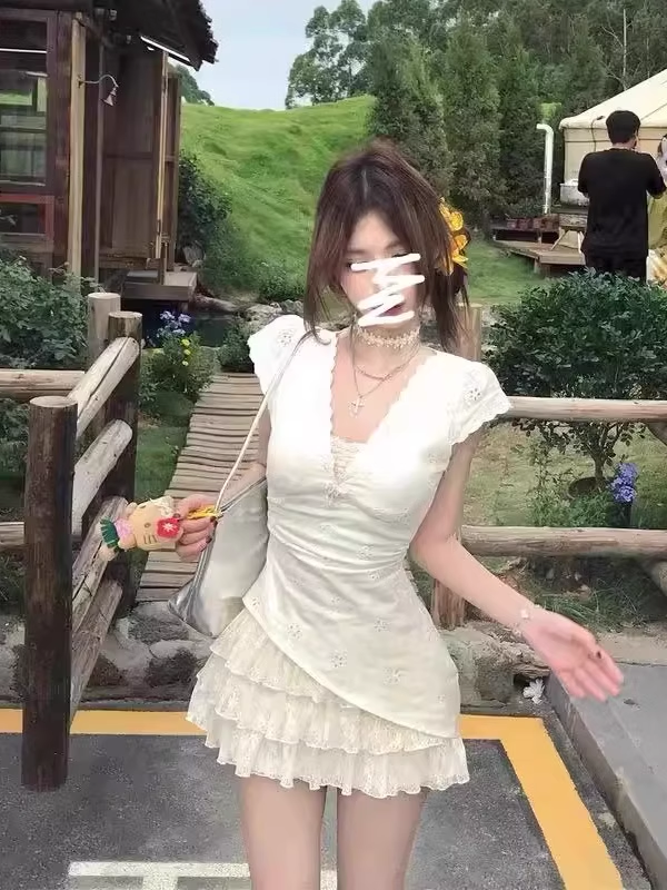 Lace V-neck Mini Dress Women Summer Dress L34