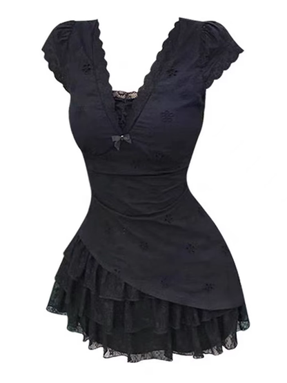 Lace V-neck Mini Dress Women Summer Dress L34