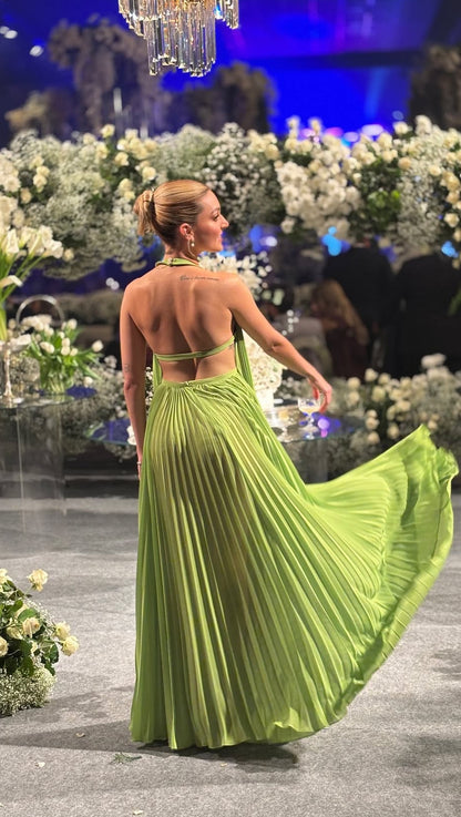 Robe de mariée plissée en satin vert, dos nu, tenue de soirée formelle, J7066