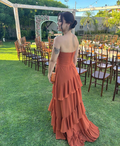 Strapless A Line Tiered Wedding Guest Dress Formal Evening Dress J7412