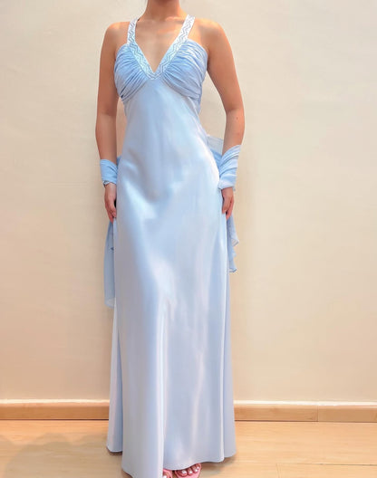 A Line Blue Vintage Long Prom Dress Formal Party Dress J8580