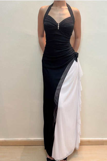 Neckholder Etuikleid Schwarz-Weiß Langes Ballkleid Formales Partykleid J8587