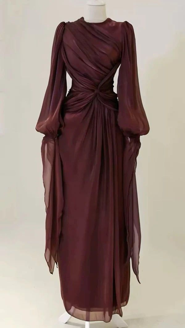 Robe de soirée bordeaux à manches longues et coupe trapèze J8160