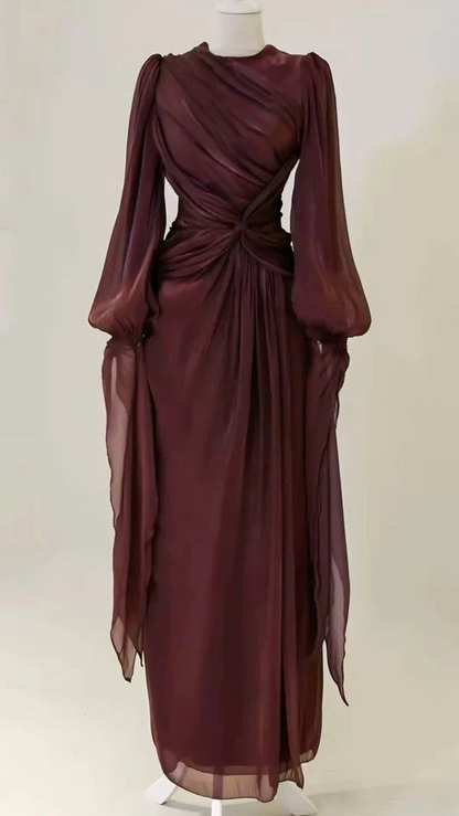 Robe de soirée bordeaux à manches longues et coupe trapèze J8160