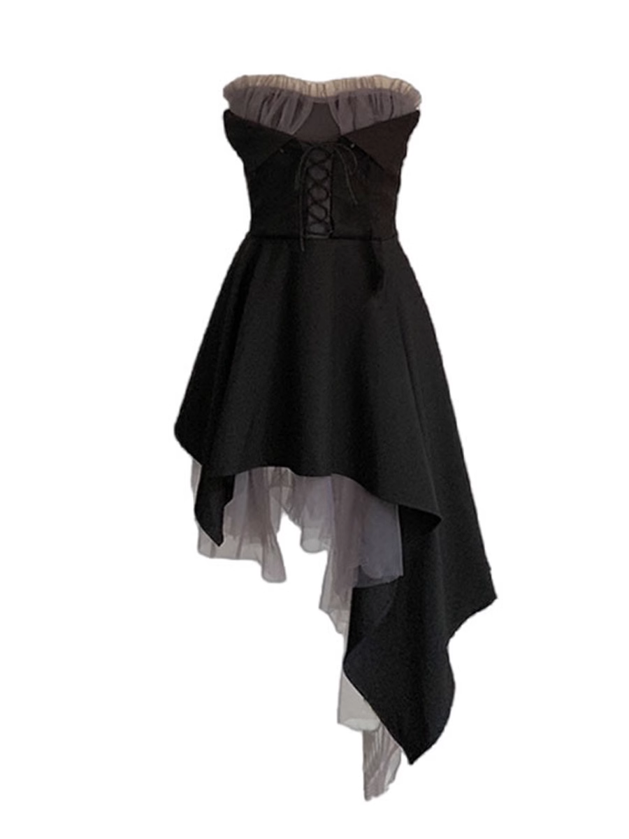 Black Tulle Irregular Tube Top Dress Party Dress L35