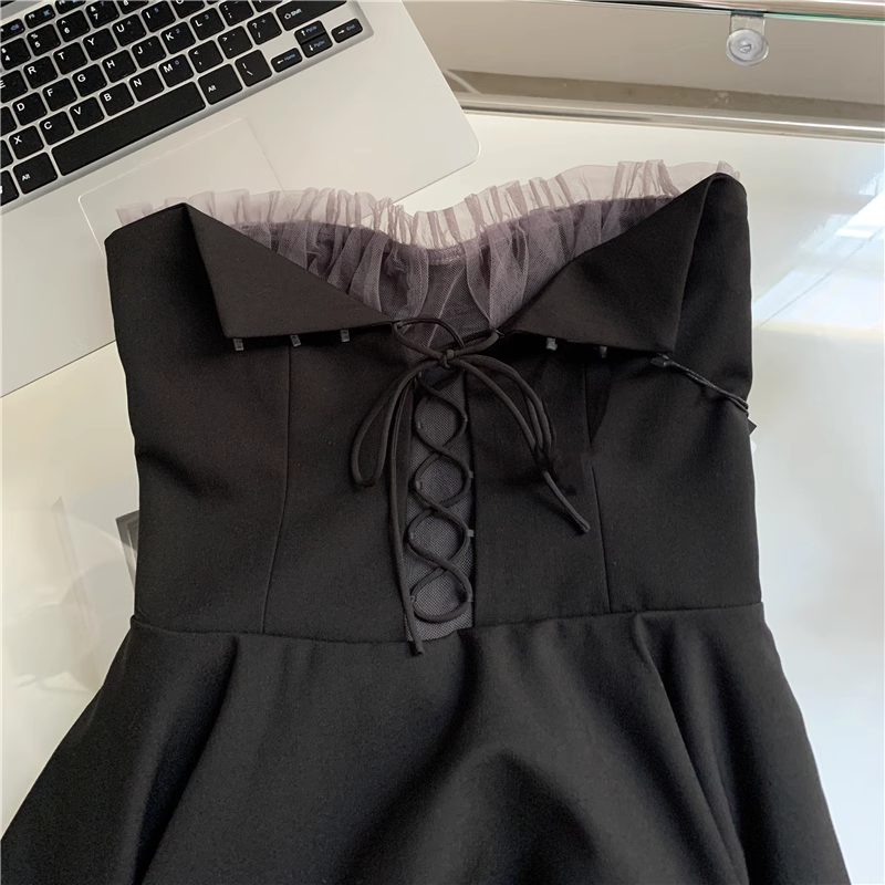 Black Tulle Irregular Tube Top Dress Party Dress L35