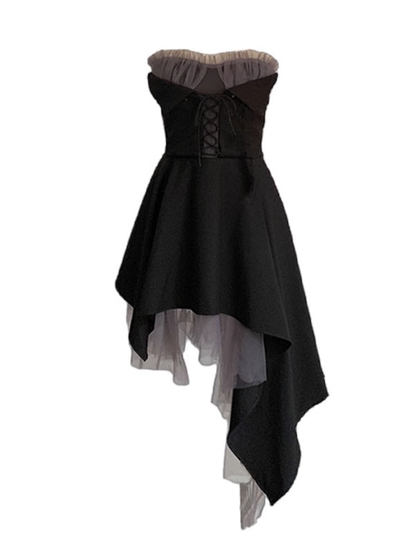 Black Tulle Irregular Tube Top Dress Party Dress L35