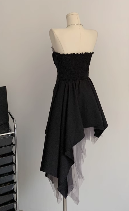 Black Tulle Irregular Tube Top Dress Party Dress L35