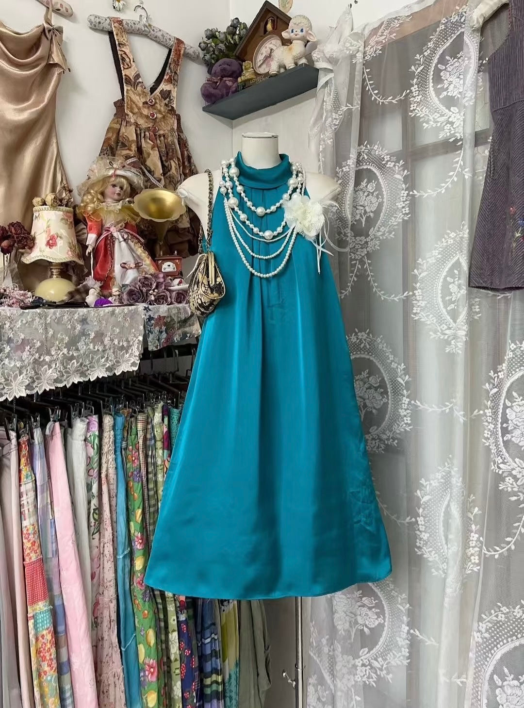 Robe de soirée bleue en satin, coupe trapèze, tenue d'anniversaire, J7996