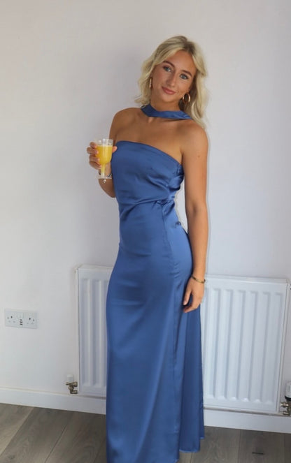 Strapless Blue Long Prom Dress Satin Wedding Guest Dress J7967