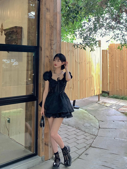 Black A Line Short Dress Sexy Mini Dress L37