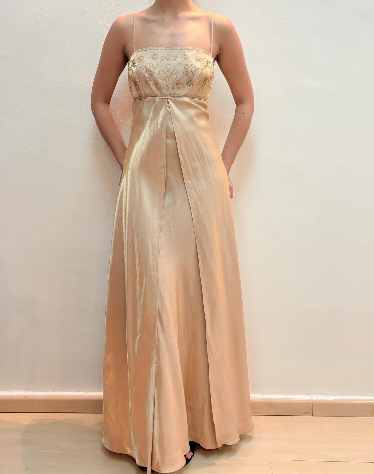 Spaghetti Straps Champagne Long Prom Dress Beaded Evening Dress J8590
