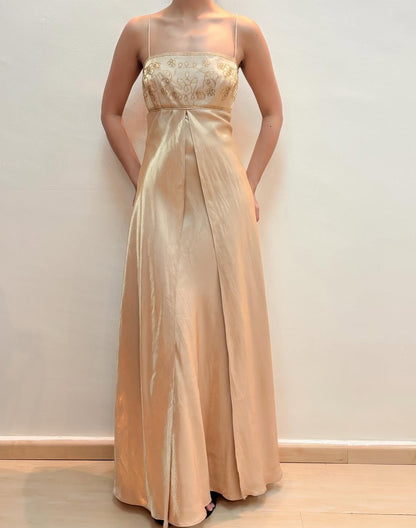 Spaghetti Straps Champagne Long Prom Dress Beaded Evening Dress J8590