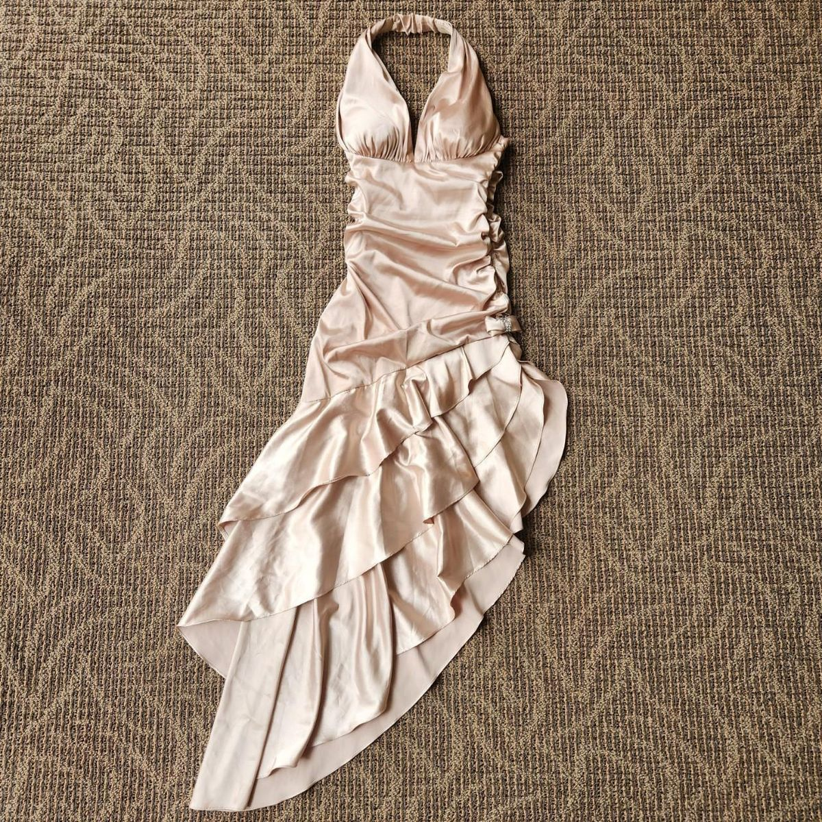 Halter Satin Long Prom Dress Ruffle Formal Party Gown J8481