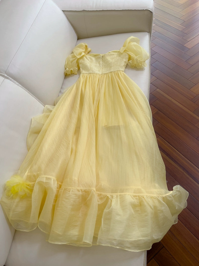 A-Linie Gelb Langes Ballkleid Rüschen Kurze Ärmel Abendkleid J8607