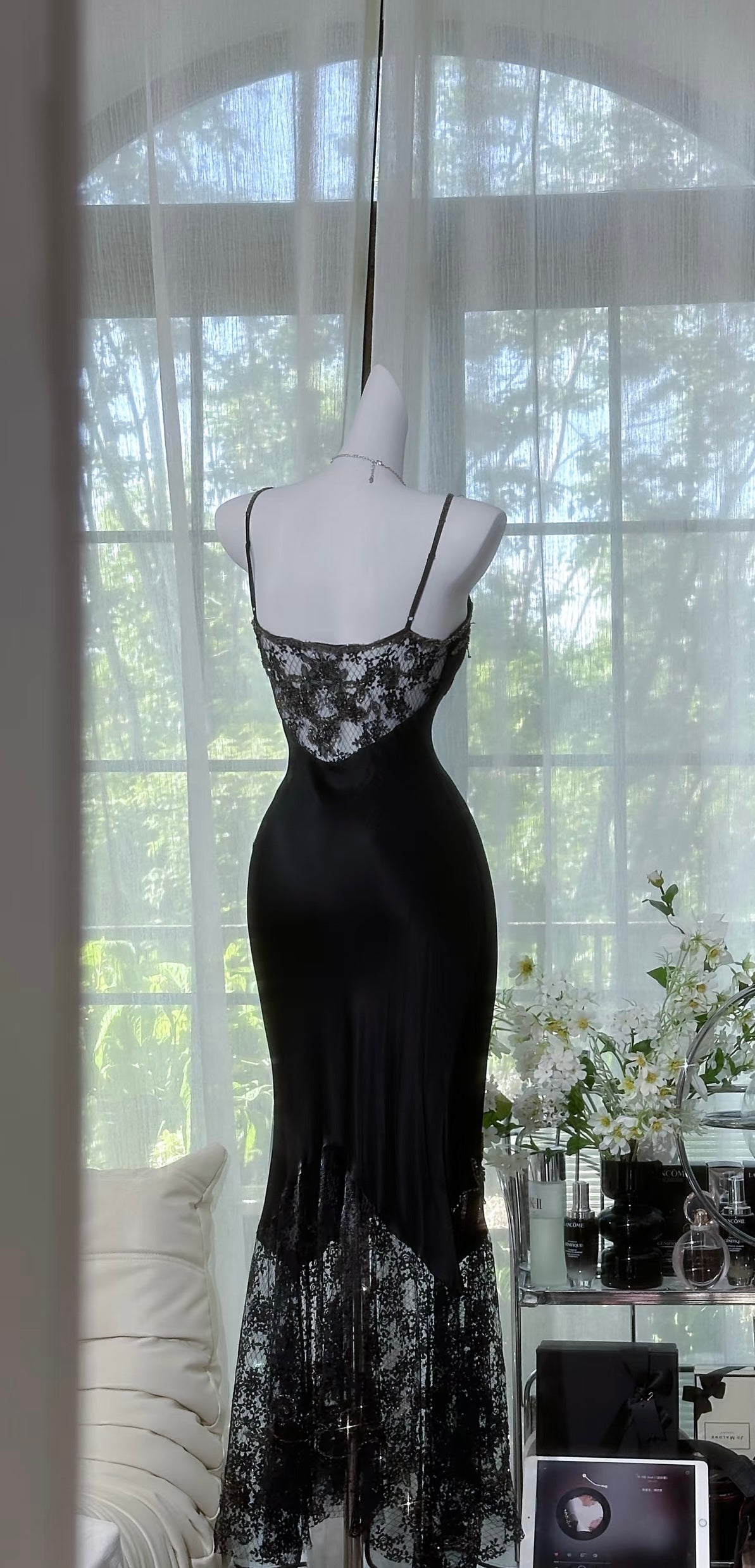 Spaghettiträger Meerjungfrau Schwarzes Ballkleid Spitze Abendkleid J7257