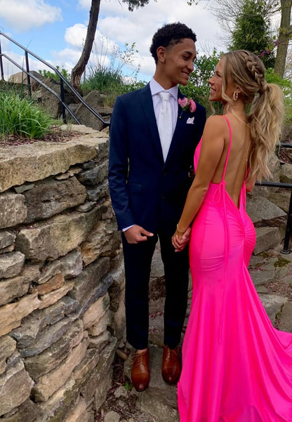 Robe de soirée longue sirène rose vif dos nu, robe de soirée sexy J7970
