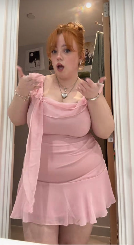 Robe de soirée courte rose à volants, grande taille, coupe trapèze, J8124