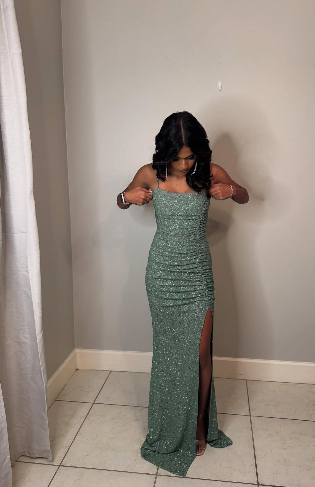 Spaghetti Straps Green Sparkling Long Prom Dress Sequin Evening Dress J7874
