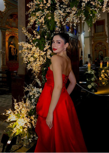 Strapless A Line Red Satin Wedding Guest Dress Tiered Formal Evening Party Dress J7067