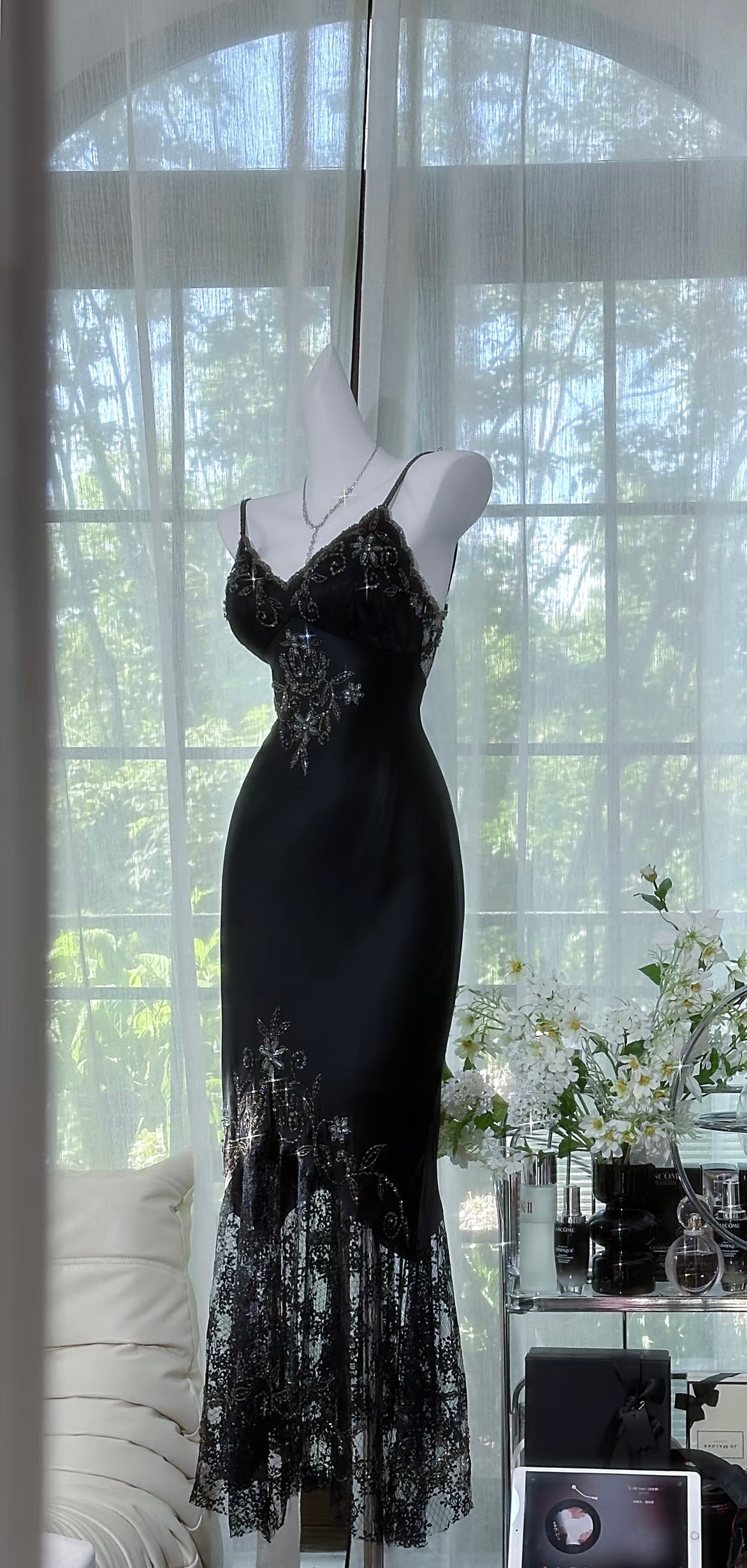 Spaghettiträger Meerjungfrau Schwarzes Ballkleid Spitze Abendkleid J7257