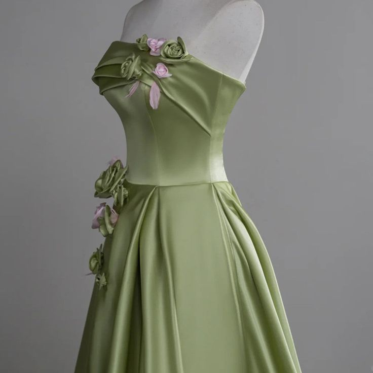 Robe de soirée trapèze en satin vert à fleurs, jolie robe de bal longue pour adolescente J8376
