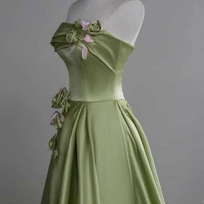 Robe de soirée trapèze en satin vert à fleurs, jolie robe de bal longue pour adolescente J8376