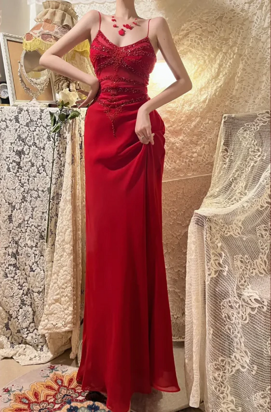Robe de soirée sirène rouge en mousseline de soie et perles, bretelles spaghetti, sexy, J8772