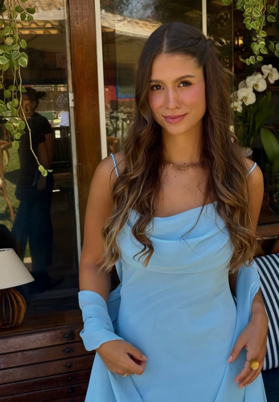 Robe de bal longue en mousseline de soie bleue à bretelles spaghetti, robe d'invitée de mariage J7968