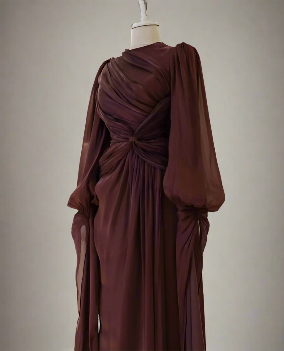 Robe de soirée bordeaux à manches longues et coupe trapèze J8160
