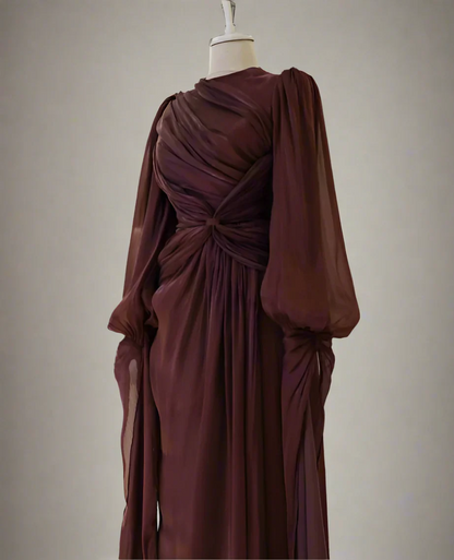 Robe de soirée bordeaux à manches longues et coupe trapèze J8160